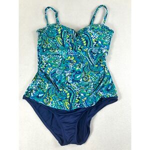 Chaps One Piece Swimsuit Womens 16 Blue Paisley Blouson Boho Swimwear